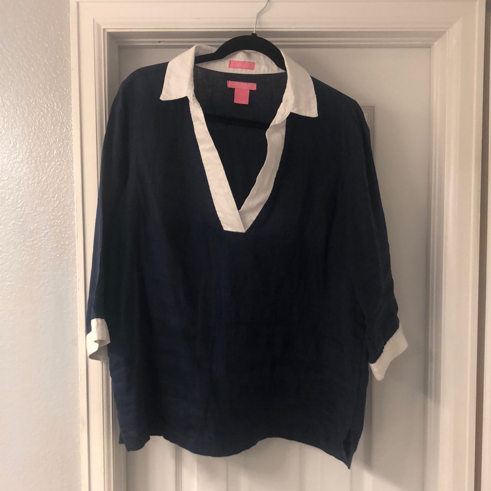 Isaac Mizrahi Navy and White Linen Top